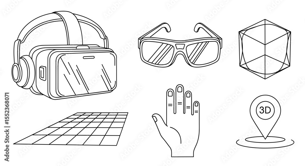Aufkleber virtual reality headset and glasses with hand and map pointer geometric figures outline drawing set
