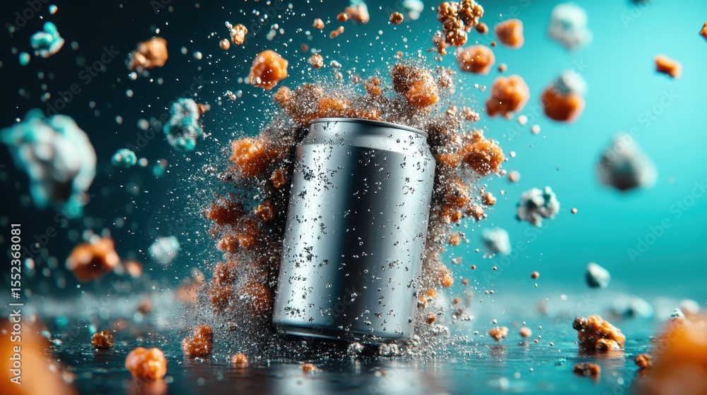 Poster a soda can bursts through a cloud of colorful snacks, illustrating a fun and dynamic scene that capt