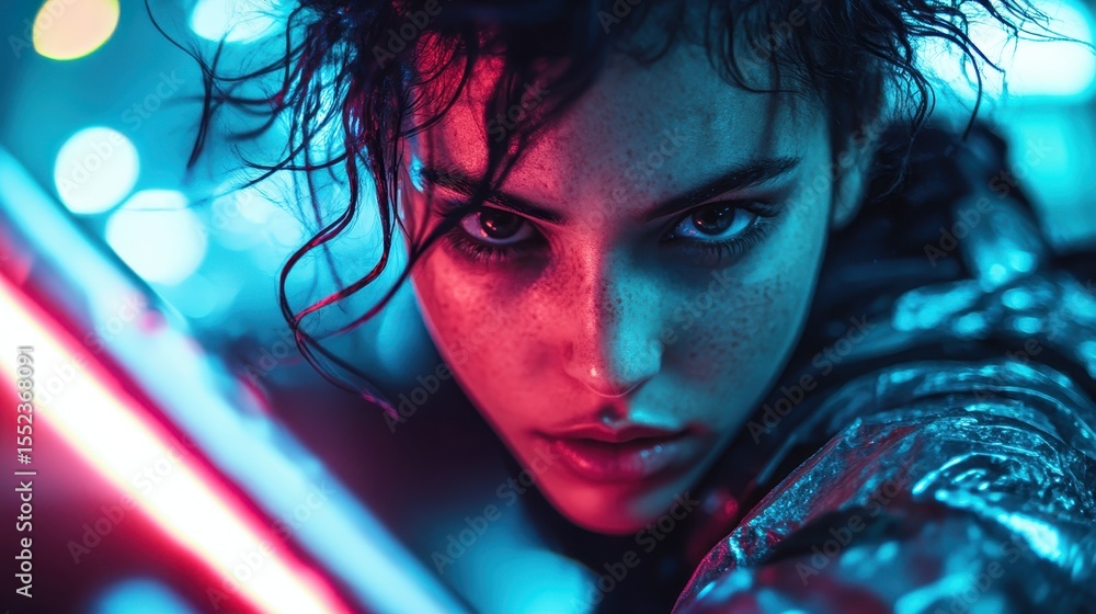 Poster an intense close-up of a model with striking features illuminated by vibrant neon lights, capturing 