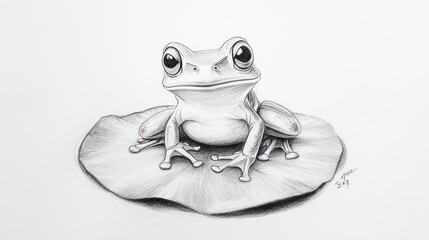A detailed pencil sketch of a tree frog perched on a lily pad, rendered in grayscale with meticulous attention to texture and detail, creating a lifelike representation