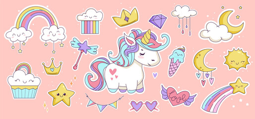 Cute Kawaii Unicorn. Funny stickers with rainbow elements, ice cream, star and cupcake in soft colors. Design Elements for Happy Birthday Greeting Card. Flat vector illustration isolated on background