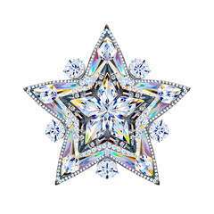 Elaborate five pointed star jewel with multiple faceted diamonds and iridescent accents isolated on a transparent background