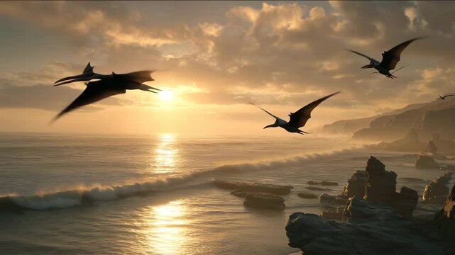 海辺の断崖を飛翔するプテラノドンの群れ