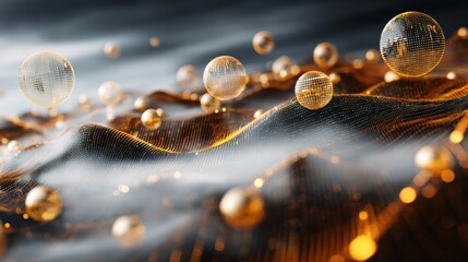 Futuristic digital landscape with golden floating spheres, grid-patterned surfaces, undulating waves of interconnected golden lines and dots, warm hues, misty gradient background.