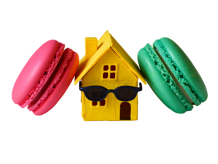 Yellow house with sunglasses between pink and green macarons isolated on a transparent background