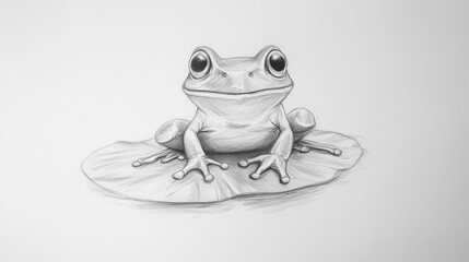 A detailed pencil sketch of a frog perched contentedly atop a lily pad, rendered in grayscale with subtle shading to create depth and texture