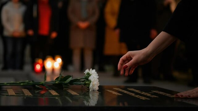 Woman placing flower on grave, during candlelight vigil