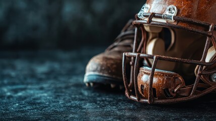 A close-up of worn football gear, featuring an old helmet and cleats on a textured dark background, evoking memories of sportsmanship and competitive spirit in athletics.