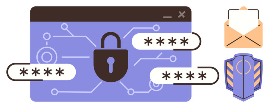 Padlock on password-protected webpage surrounded by encryption symbols, envelope, and shield. Ideal for cybersecurity, online safety, password management, data privacy, digital protection, secure