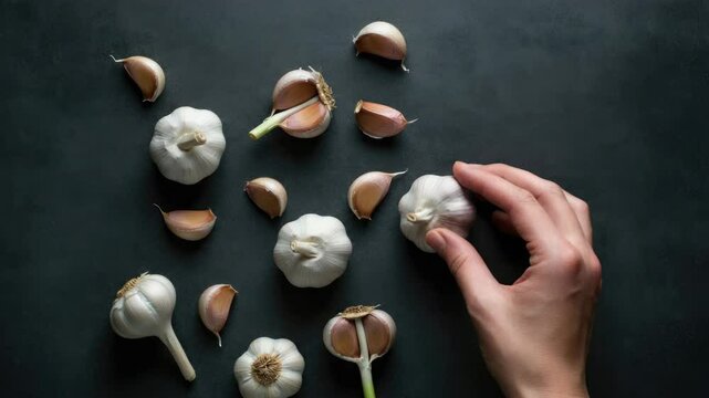 Hand reaching for garlic cloves and bulbs on dark surface