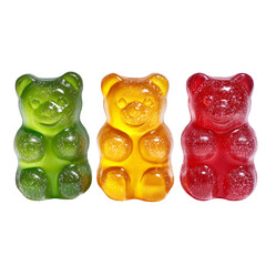 Colorful fruit jelly candies and heart-shaped gummy bears are isolated on a white background