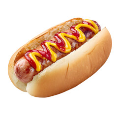 Delicious hotdog features a sausage, soft bun, vibrant yellow mustard, and tangy red ketchup on a clean white background.