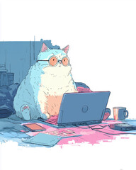 Home Study with Round Glasses Cat, Pastel Room Art. Focused Pastel Cat at Laptop, Cozy Home Office Illustration