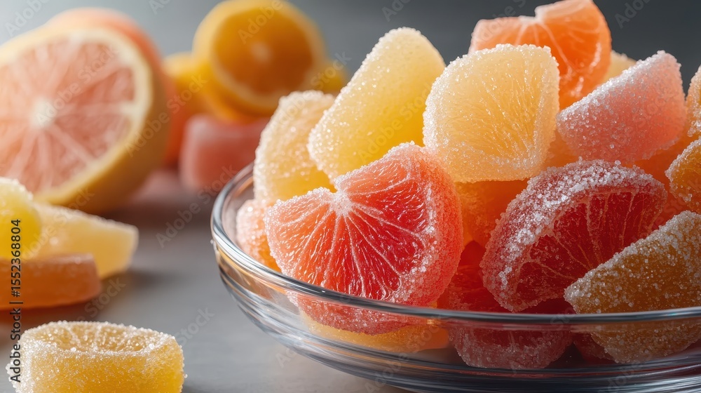 Aufkleber this colorful image features an inviting bowl filled with assorted citrus-flavored gummies that look