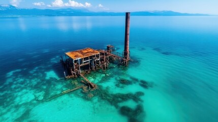 Obraz premium An aerial view of a dilapidated industrial platform emerging from serene turquoise waters, conveying a striking contrast between nature and human-made structures in harmony with their environment.