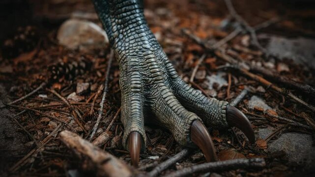 Close-up of realistic dinosaur claw on forest floor