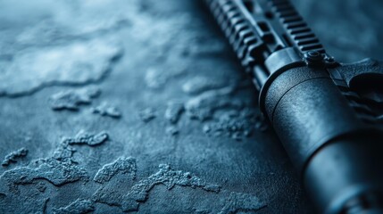 An intense close-up view of a tactical firearm resting on a textured surface, illustrating the intricacies and design highlighted by the contrasting elements within the frame.