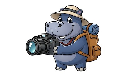 Cartoon hippo photographer with camera, backpack and sunhat, smiling and enjoying a travel adventure. On white background.