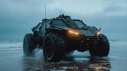 A rugged, futuristic all-terrain armored vehicle stands defiantly on the beach, representing power and resilience within a dramatic coastal landscape under a moody sky.