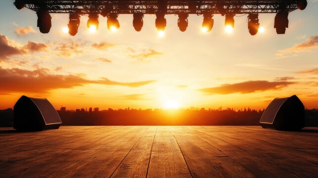 A dramatic stage illuminated by stunning stage lights against a vibrant sunset, creating an anticipation for an unforgettable event filled with energy and excitement.