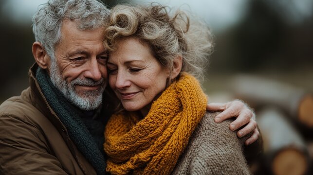 A lovely older couple embracing in a natural setting showcases their deep emotional connection, warmth, and the comfort of long-lasting companionship amidst soft autumn colors. - Powered by Adobe