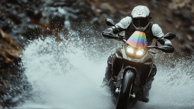 A fearless biker navigates through a rugged terrain, splashing water everywhere while showcasing an exciting adventure in the midst of nature's elements and challenges.