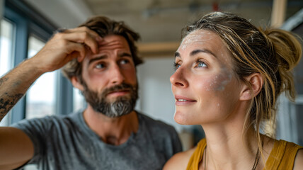 Couple's skincare routine: Woman with facial mask smiles while man examines his hairline, indoors.