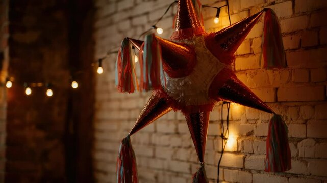 Decorative red pinata and string lights on brick wall