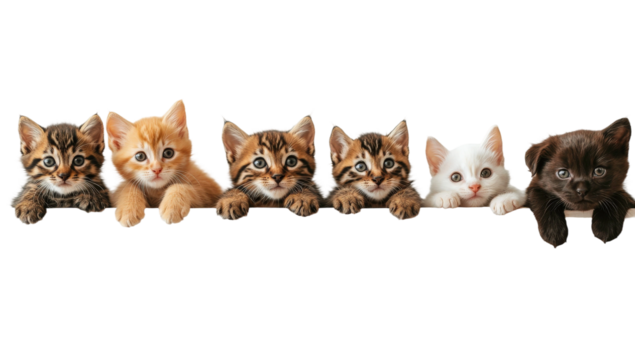 Adorable line-up of playful kittens with varied fur patterns and colors, showcasing cuteness and charm in a delightful cat-themed setting
