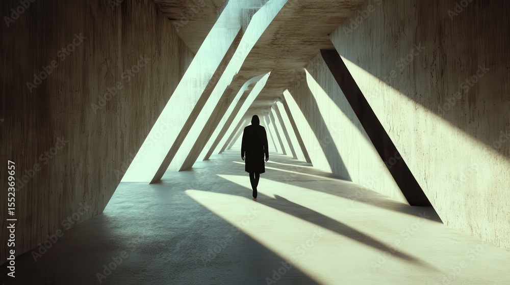 Poster a mysterious figure walking through an abstract architectural space filled with angular lines and sh