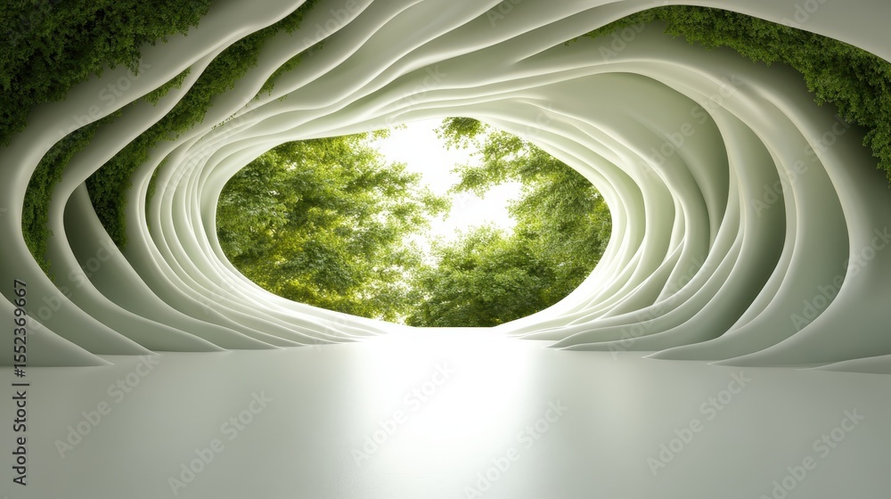 Poster an abstract representation of nature with flowing white shapes, merging seamlessly into vibrant gree