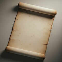 Rolo de pergaminho medieval em branco aberto sobre fundo cinza. Papel antigo amarelado visto de cima