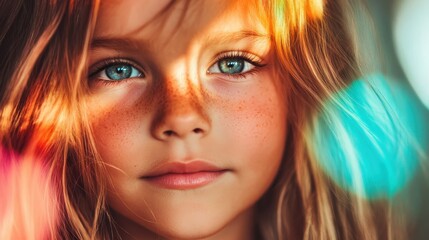 Fototapeta premium This close-up portrait captures a young girl's enchanting blue eyes and freckled cheeks, illuminated by soft light and vibrant colors, evoking innocence and wonder.