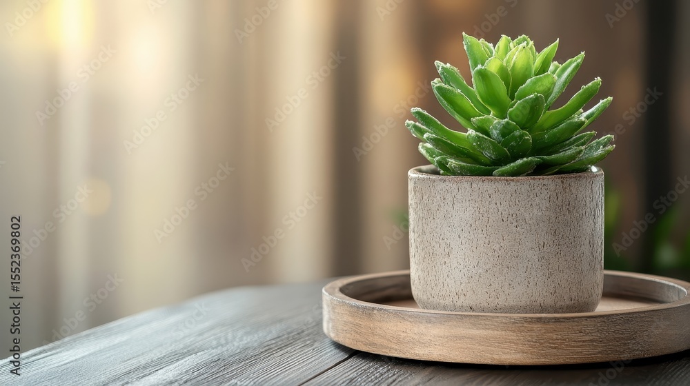 Poster a close-up of a vibrant succulent nestled in a textured pot, sitting on a wooden table adorned with 