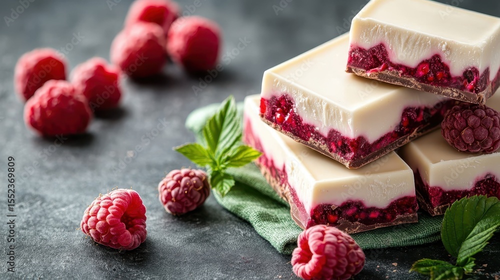 Poster a delightful stack of raspberry yogurt bars interspersed with fresh raspberries, presented artfully 