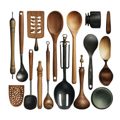 A collection of wooden kitchen utensils, including a fork, spoon, and knife, essential tools for cooking and dining