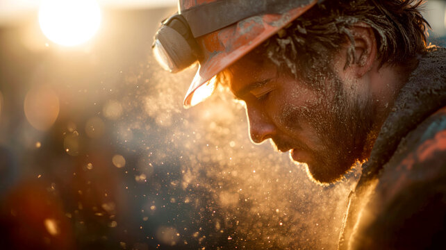 Tired worker with hard hat and dusty face pauses during a hard day's work in a harsh environment with a warm glow around him.