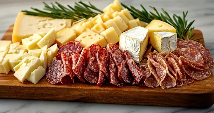 A wooden serving board displays an assortment of sliced salami various cheese types and rosemary sprigs creating an appetizing arrangement with studio lighting