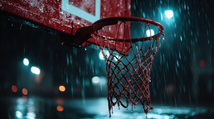 A captivating nighttime scene featuring a basketball hoop illuminated by streetlights, showcasing the beauty of sports and nature in a rainy ambiance.