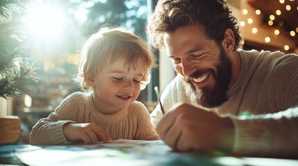 A joyful scene of a father and son engaged in a creative art session at home, showcasing love, laughter, and the beauty of family moments spent together in creativity.