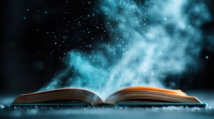 An open book releases a mystical cloud of dust, symbolizing the power of knowledge and imagination, illustrating the connection between literature and human thought, perfect for educational themes.