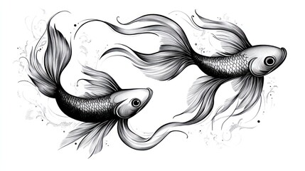 Two elegant, ornate fish swimming in tandem with flowing fins, monochrome artistic style