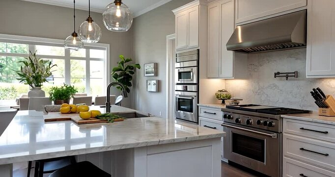 Bright kitchen interior with white cabinets marble countertops and modern appliances. Includes a central island with a sink gas range and overhead lighting
