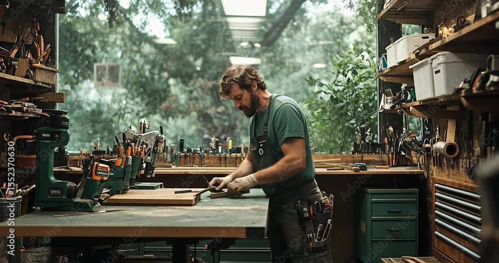 Poster video of person working at a workshop with tools on the shelves and a green background. man in the m