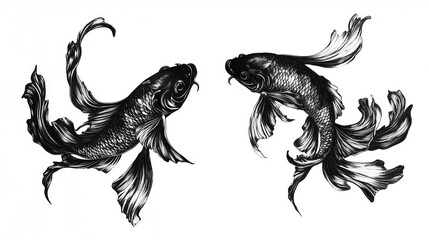 Two stylized koi fish, rendered in monochrome, gracefully poised against a stark white backdrop.  Intricate details showcase flowing fins and scales