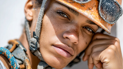 A determined climber pauses, sweat glistening, their gaze intense, hinting at challenges faced on their ascent. 