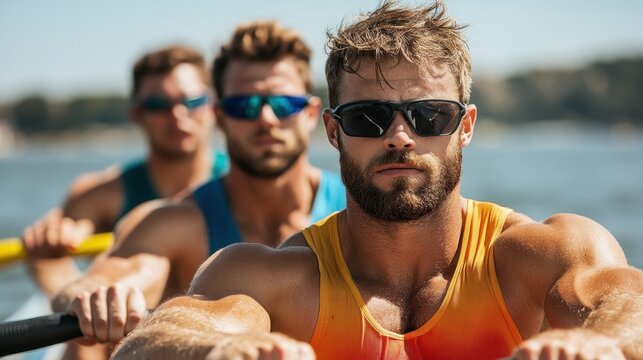 This dynamic image features a group of determined rowers in sunglasses, showcasing their athleticism and teamwork as they row together on a tranquil water surface.