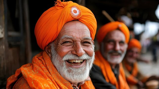 Two joyful elderly men in vibrant orange turbans share a joyful smile, showcasing cultural pride and unity, embodying warmth and approachability in their expressions.