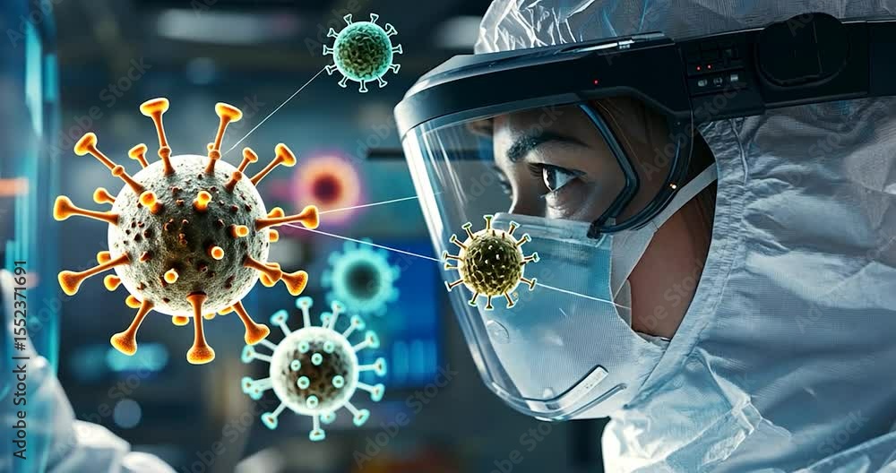 Poster scientist in protective suit examining a holographic projection of viruses in a laboratory setting w