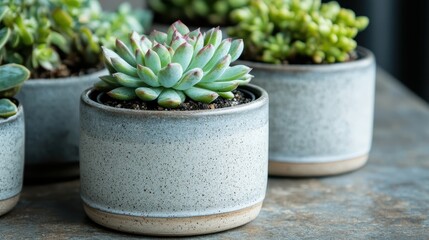 A collection of beautiful succulent plants displayed in modern concrete pots, showcasing minimalistic design and the beauty of nature blended with contemporary style.